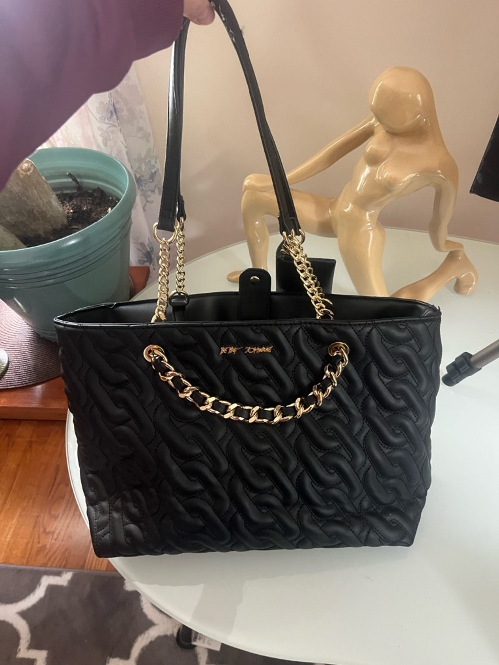 Betsey Johnson Black Quilted Tote with Gold Chain Handles